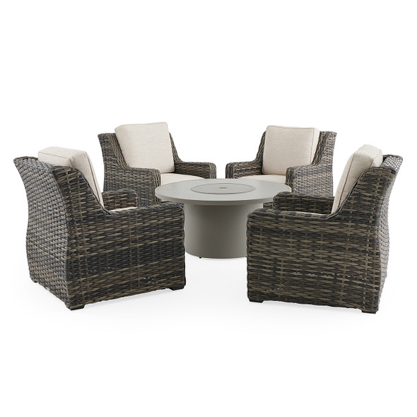 Tangiers Canola Seed Outdoor Wicker and Charmer Limestone Cushions 5 Piece Chat Set + 48 in. D Fire Pit Table Tangiers Canola Seed Outdoor Wicker and Charmer Limestone Cushions 5 Piece Chat Set + 48 in. D Fire Pit Table