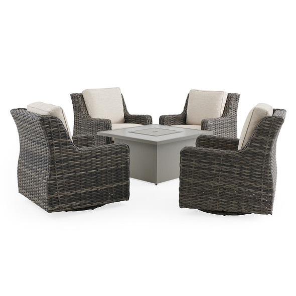 Tangiers Canola Seed Outdoor Wicker and Charmer Limestone Cushions 5 Piece Swivel Chat Set + 42 in. Sq. Fire Pit Table Tangiers Canola Seed Outdoor Wicker and Charmer Limestone Cushions 5 Piece Swivel Chat Set + 42 in. Sq. Fire Pit Table