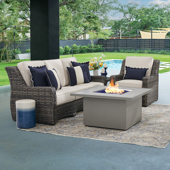 Tangiers Canola Seed Outdoor Wicker and Charmer Limestone Cushions 3 Piece Sofa Group + 42 in. Sq. Fire Pit Table Tangiers Canola Seed Outdoor Wicker and Charmer Limestone Cushions 3 Piece Sofa Group + 42 in. Sq. Fire Pit Table