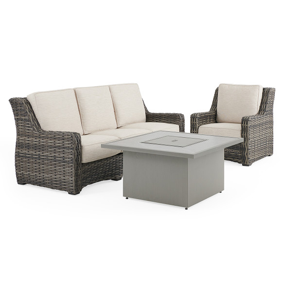 Tangiers Canola Seed Outdoor Wicker and Charmer Limestone Cushions 3 Piece Sofa Group + 42 in. Sq. Fire Pit Table Tangiers Canola Seed Outdoor Wicker and Charmer Limestone Cushions 3 Piece Sofa Group + 42 in. Sq. Fire Pit Table