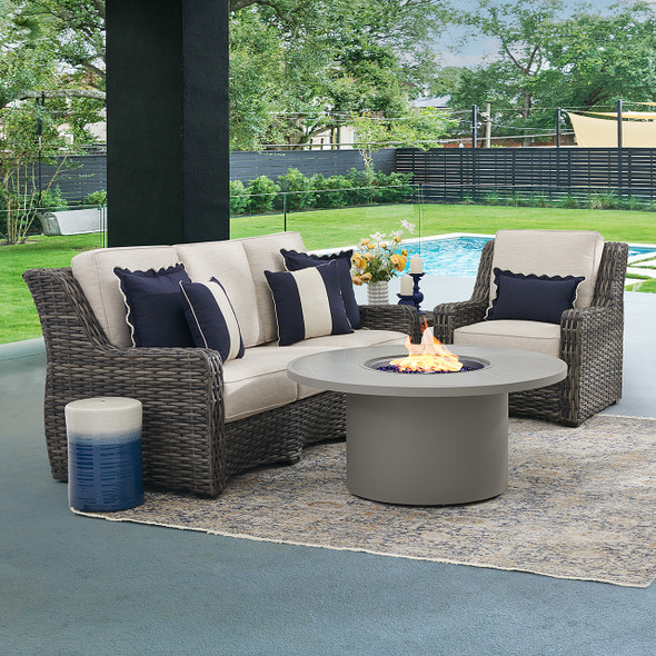 Tangiers Canola Seed Outdoor Wicker and Charmer Limestone Cushions 3 Piece Sofa Group + 48 in. D Fire Pit Table Tangiers Canola Seed Outdoor Wicker and Charmer Limestone Cushions 3 Piece Sofa Group + 48 in. D Fire Pit Table