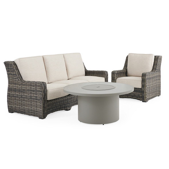 Tangiers Canola Seed Outdoor Wicker and Charmer Limestone Cushions 3 Piece Sofa Group + 48 in. D Fire Pit Table Tangiers Canola Seed Outdoor Wicker and Charmer Limestone Cushions 3 Piece Sofa Group + 48 in. D Fire Pit Table