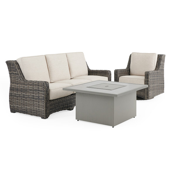 Tangiers Canola Seed Outdoor Wicker and Charmer Limestone Cushions 3 Piece Swivel Sofa Group + 42 in. Sq. Fire Pit Table