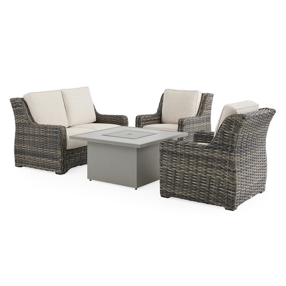 Tangiers Canola Seed Outdoor Wicker and Charmer Limestone Cushions 4 Piece Loveseat Group + 42 in. Sq. Fire Pit Table Tangiers Canola Seed Outdoor Wicker and Charmer Limestone Cushions 4 Piece Loveseat Group + 42 in. Sq. Fire Pit Table