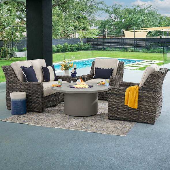 Tangiers Canola Seed Outdoor Wicker and Charmer Limestone Cushions 4 Piece Loveseat Group + 48 in. D Fire Pit Table Tangiers Canola Seed Outdoor Wicker and Charmer Limestone Cushions 4 Piece Loveseat Group + 48 in. D Fire Pit Table