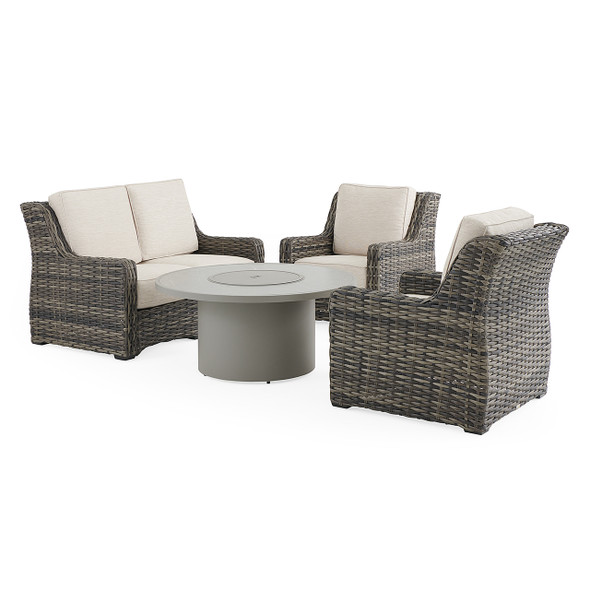 Tangiers Canola Seed Outdoor Wicker and Charmer Limestone Cushions 4 Piece Loveseat Group + 48 in. D Fire Pit Table Tangiers Canola Seed Outdoor Wicker and Charmer Limestone Cushions 4 Piece Loveseat Group + 48 in. D Fire Pit Table
