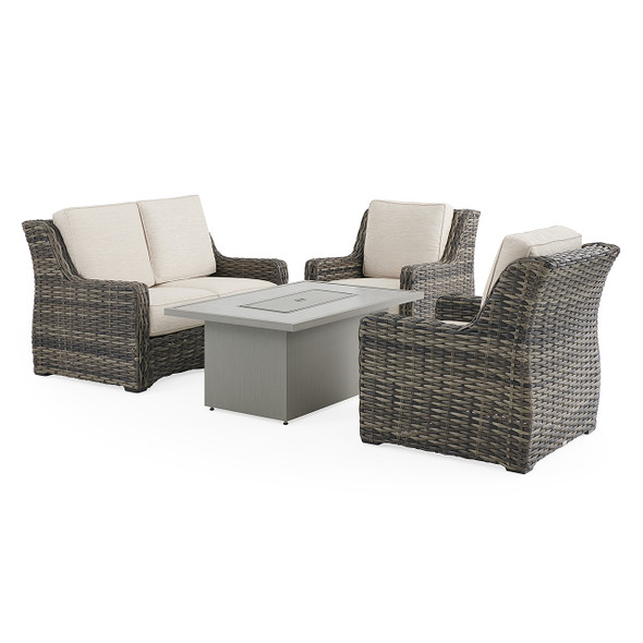 Tangiers Canola Seed Outdoor Wicker and Charmer Limestone Cushions 4 Piece Loveseat Group + 52 x 32 in. Fire Pit Table Tangiers Canola Seed Outdoor Wicker and Charmer Limestone Cushions 4 Piece Loveseat Group + 52 x 32 in. Fire Pit Table