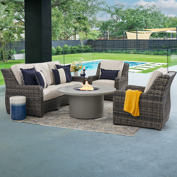Tangiers Canola Seed Outdoor Wicker and Charmer Limestone Cushions 4 Piece Sofa Group + 48 in. D Fire Pit Table Tangiers Canola Seed Outdoor Wicker and Charmer Limestone Cushions 4 Piece Sofa Group + 48 in. D Fire Pit Table