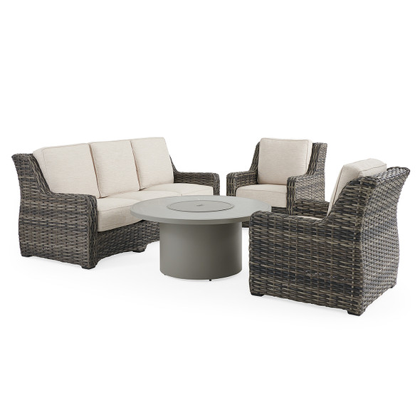 Tangiers Canola Seed Outdoor Wicker and Charmer Limestone Cushions 4 Piece Sofa Group + 48 in. D Fire Pit Table Tangiers Canola Seed Outdoor Wicker and Charmer Limestone Cushions 4 Piece Sofa Group + 48 in. D Fire Pit Table