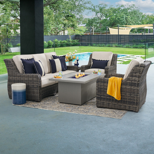 Tangiers Canola Seed Outdoor Wicker and Charmer Limestone Cushions 4 Piece Sofa Group + 52 x 32 in. Fire Pit Table