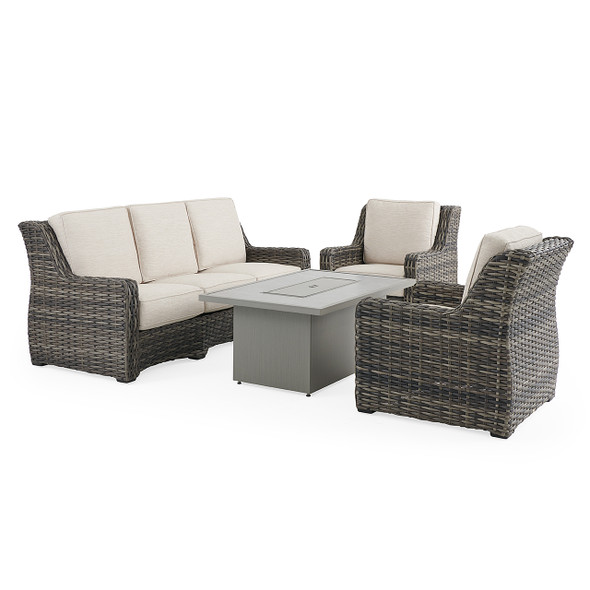 Tangiers Canola Seed Outdoor Wicker and Charmer Limestone Cushions 4 Piece Sofa Group + 52 x 32 in. Fire Pit Table