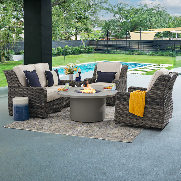 Tangiers Canola Seed Outdoor Wicker and Charmer Limestone Cushions 4 Piece Swivel Loveseat Group + 48 in. D Fire Pit Table