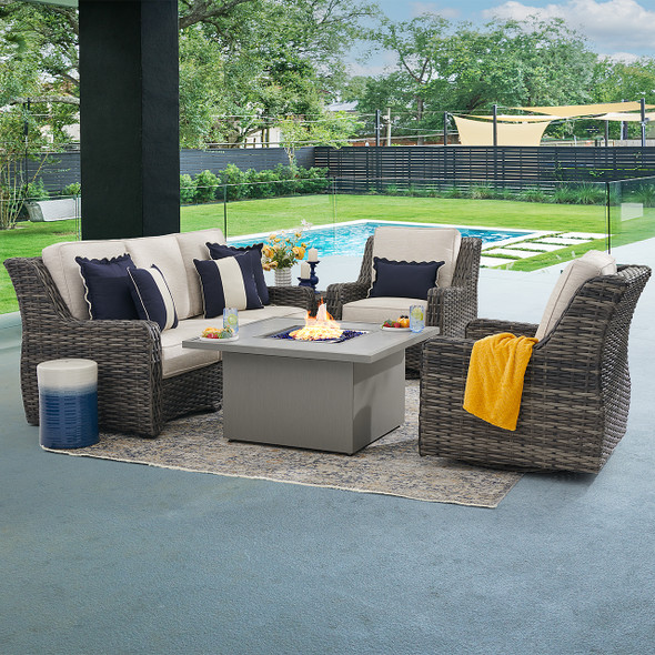 Tangiers Canola Seed Outdoor Wicker and Charmer Limestone Cushions 4 Piece Swivel Sofa Group + 42 in. Sq. Fire Pit Table