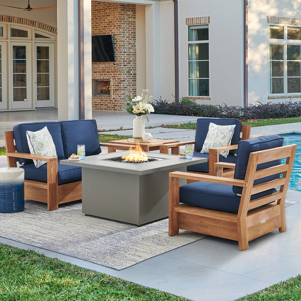 Castello Teak with Cushions 4 Piece Loveseat Group + 42 in. Sq. Sintered Fire Pit Castello Teak with Cushions 4 Piece Loveseat Group + 42 in. Sq. Sintered Fire Pit