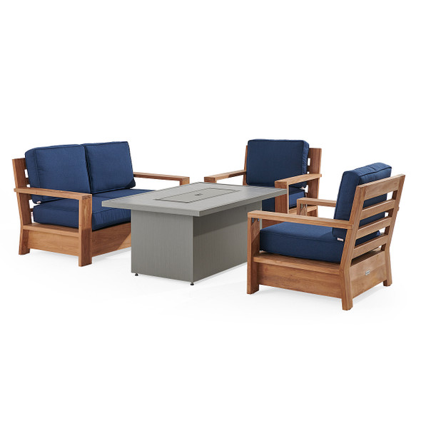Castello Teak with Cushions 4 Piece Loveseat Group + 52 x 32 in. Sintered Fire Pit