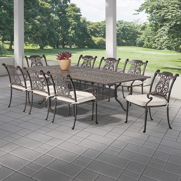 Naples Cast Aluminum with Cushions 9 Piece Dining Set + 71-103 x 44 in. Double Extension Table Naples Cast Aluminum with Cushions 9 Piece Dining Set + 71-103 x 44 in. Double Extension Table