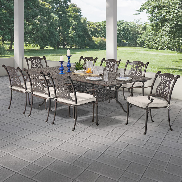 Naples Cast Aluminum with Cushions 9 Piece Dining Set + 71-103 x 44 in. Double Extension Table Naples Cast Aluminum with Cushions 9 Piece Dining Set + 71-103 x 44 in. Double Extension Table