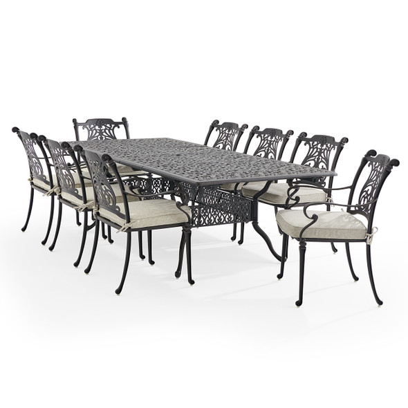 Naples Cast Aluminum with Cushions 9 Piece Dining Set + 71-103 x 44 in. Double Extension Table