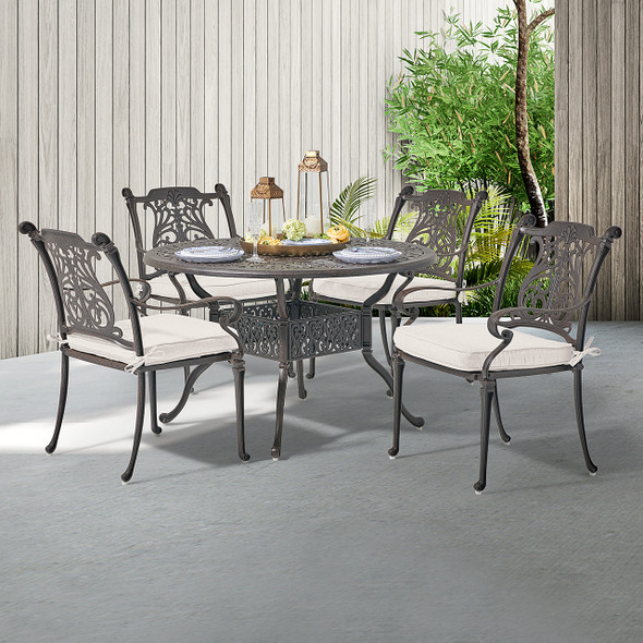 Naples Aged Bronze Cast Aluminum with Cushions 5 Pc. Dining Set + 48 in. D Table Naples Aged Bronze Cast Aluminum with Cushions 5 Pc. Dining Set + 48 in. D Table