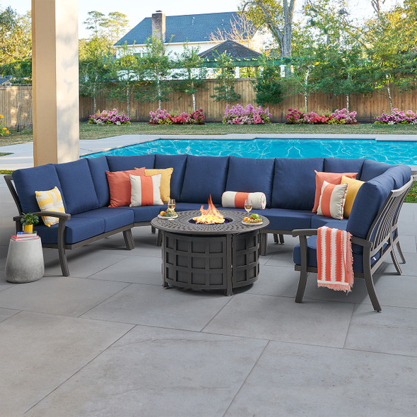 Fairmont Aged Bronze Aluminum with Cushions 8 Piece U-Shape Sectional + 48 in. D Carlisle Fire Pit Fairmont Aged Bronze Aluminum with Cushions 8 Piece U-Shape Sectional + 48 in. D Carlisle Fire Pit