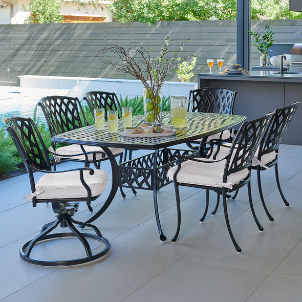 Tivoli Matte Black Cast Aluminum with Cushions 7 Piece Combo Dining Set + 72 x 42 in. Table Tivoli Matte Black Cast Aluminum with Cushions 7 Piece Combo Dining Set + 72 x 42 in. Table