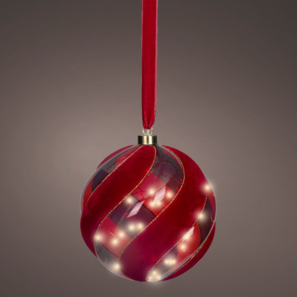 7.9 in. Red Velvet Glass Hanging Ball with 40 Micro LED Warm White Lights