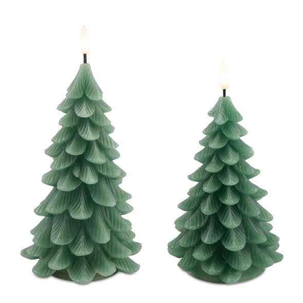 In-Store Only - Assorted Sized LED Green Tree Candles, Set of 2
