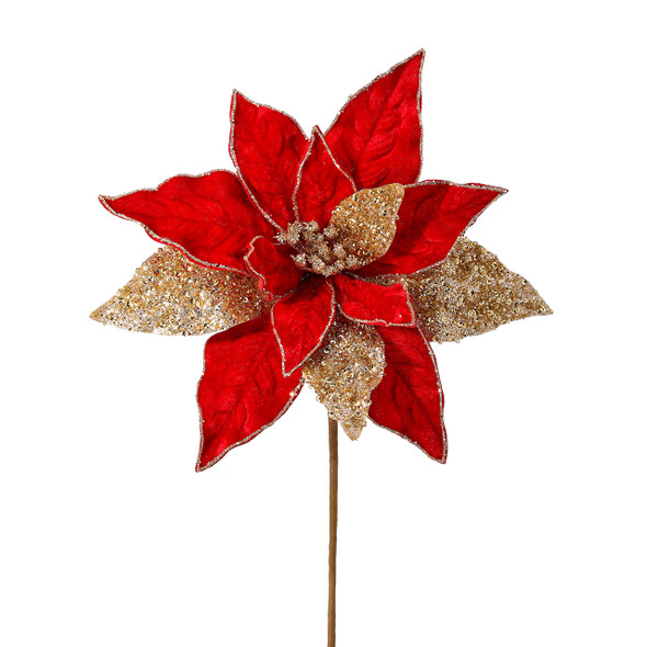24 in. Red Velvet and Gold Glitter Poinsettia Stem 24 in. Red Velvet and Gold Glitter Poinsettia Stem
