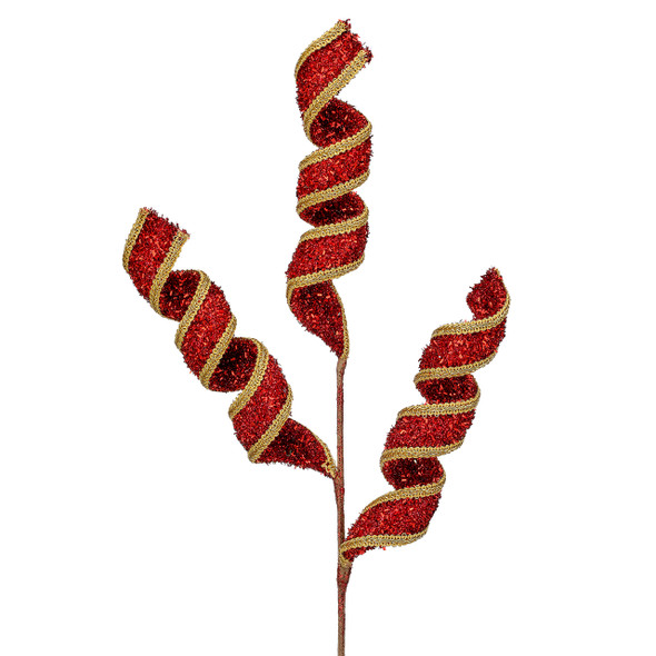 29 in. Red Tinsel and Gold Embroidered Edge Curl Spray