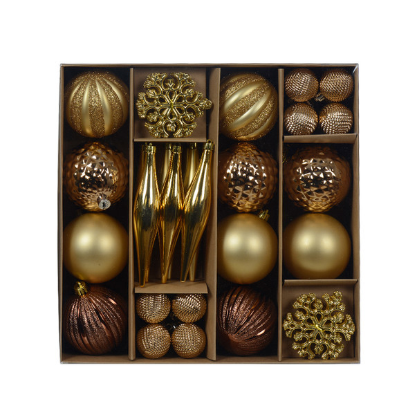 In-Store Only - Assorted Gold Shatterproof Christmas Ornaments, Set of 46