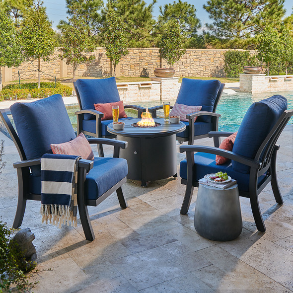 Fairmont Aged Bronze Aluminum with Cushions 5 Piece Chat Set + 36 in. D Carlisle Fire Pit - Fairmont Aged Bronze Aluminum with Cushions 5 Piece Chat Set + 36 in. D Carlisle Fire Pit -