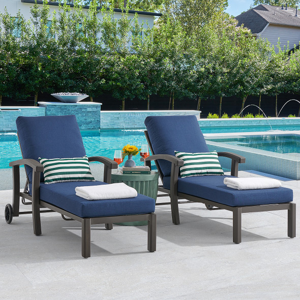 Fairmont Aged Bronze Aluminum with Cushions 3 Piece Chaise Lounge Set + Sea Glass 20 in. D Fluted Side Table