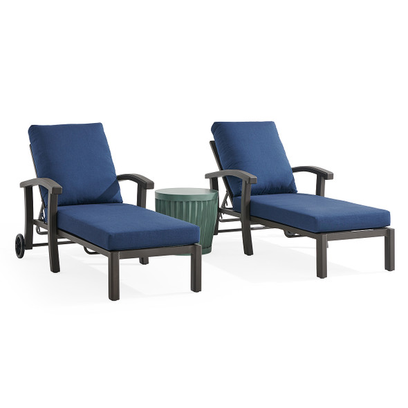 Fairmont Aged Bronze Aluminum with Cushions 3 Piece Chaise Lounge Set + Sea Glass 20 in. D Fluted Side Table