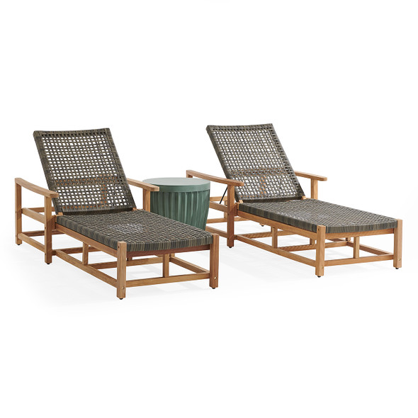 Hampton Driftwood Outdoor Wicker and Solid Teak 3 Piece Chaise Lounge Set + 20 in. D Sea Glass Concrete Fluted Side Table