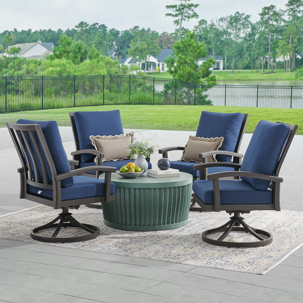 Fairmont Aged Bronze Aluminum with Cushions 5 Piece Swivel Chat Set + Sea Glass 36 in. D Fluted Coffee Table Fairmont Aged Bronze Aluminum with Cushions 5 Piece Swivel Chat Set + Sea Glass 36 in. D Fluted Coffee Table