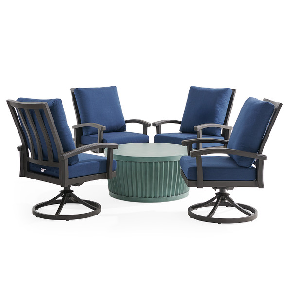 Fairmont Aged Bronze Aluminum with Cushions 5 Piece Swivel Chat Set + Sea Glass 36 in. D Fluted Coffee Table Fairmont Aged Bronze Aluminum with Cushions 5 Piece Swivel Chat Set + Sea Glass 36 in. D Fluted Coffee Table