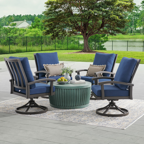 Fairmont Aged Bronze Aluminum with Cushions 5 Piece Swivel Chat Set + Sea Glass 36 in. D Fluted Coffee Table Fairmont Aged Bronze Aluminum with Cushions 5 Piece Swivel Chat Set + Sea Glass 36 in. D Fluted Coffee Table