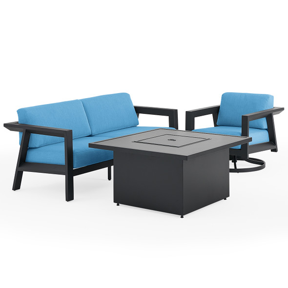 St. Lucia Midnight Aluminum with Canvas Sky Blue Cushions 3 Piece Swivel Sofa Group + 42 in. Sq. Fire Pit Table