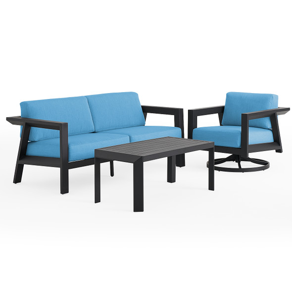 St. Lucia Midnight Aluminum with Canvas Sky Blue Cushions 3 Piece Swivel Sofa Group + 43 x 22 in. Coffee Table