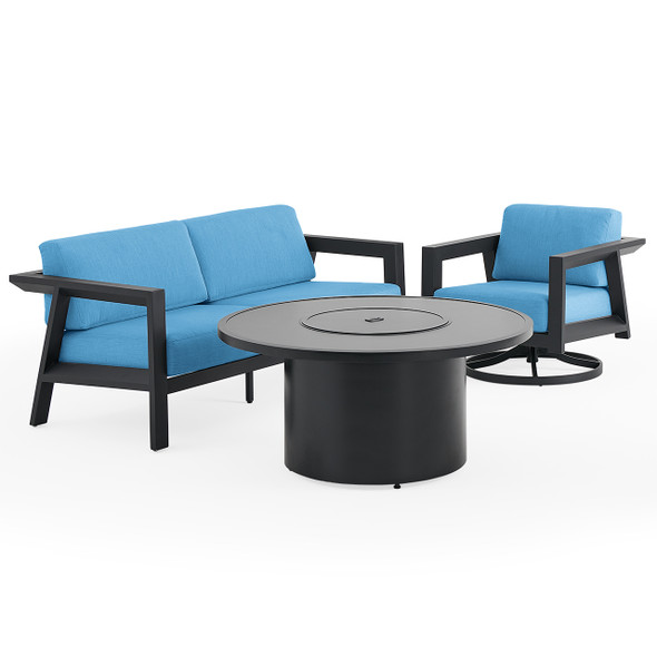St. Lucia Midnight Aluminum with Canvas Sky Blue Cushions 3 Piece Swivel Sofa Group + 48 in. D Fire Pit Table