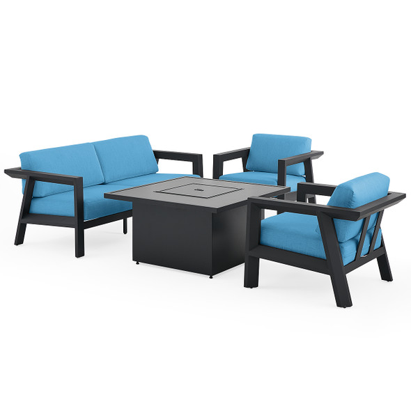 St. Lucia Midnight Aluminum with Canvas Sky Blue Cushions 4 Piece Sofa Group + 42 in. Sq. Fire Pit Table