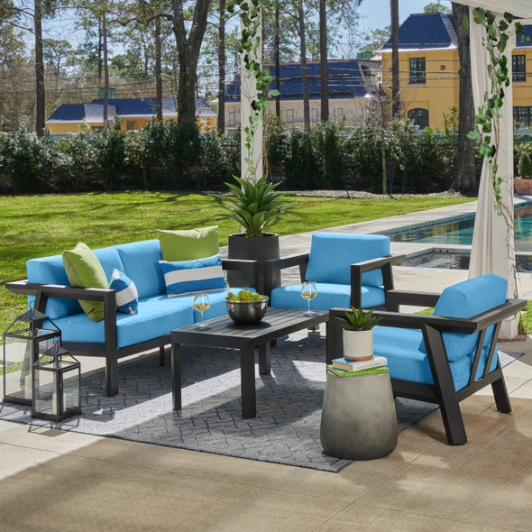 St. Lucia Midnight Aluminum with Canvas Sky Blue Cushions 4 Piece Sofa Group + 43 x 22 in. Coffee Table