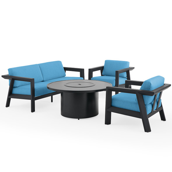 St. Lucia Midnight Aluminum with Canvas Sky Blue Cushions 4 Piece Sofa Group + 48 in. D Fire Pit Table