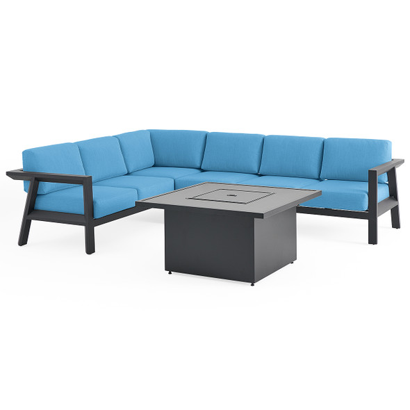 St. Lucia Midnight Aluminum with Canvas Sky Blue Cushions 5 Piece Sectional Group + 42 in. Sq. Fire Pit Table