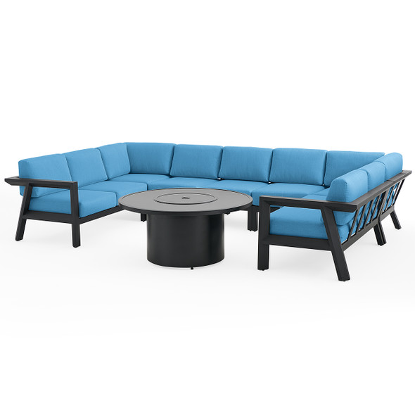 St. Lucia Midnight Aluminum with Canvas Sky Blue Cushions 8 Piece Sectional Group + 48 in. D Fire Pit Table St. Lucia Midnight Aluminum with Canvas Sky Blue Cushions 8 Piece Sectional Group + 48 in. D Fire Pit Table