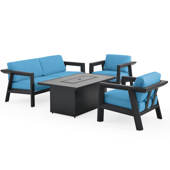 St. Lucia Midnight Aluminum with Canvas Sky Blue Cushions 4 Piece Sofa Group + 52 x 32 in. Fire Pit Table