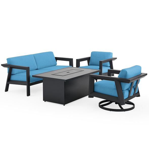 St. Lucia Midnight Aluminum with Canvas Sky Blue Cushions 4 Piece Swivel Sofa Group + 52 x 32 in. Fire Pit Table St. Lucia Midnight Aluminum with Canvas Sky Blue Cushions 4 Piece Swivel Sofa Group + 52 x 32 in. Fire Pit Table