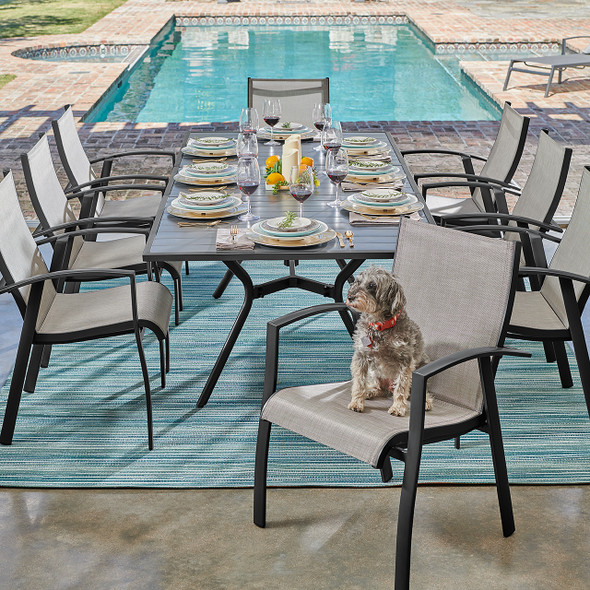 Ventura Textured Black Aluminum with Mica Pearl Sling 9 Pc. Dining Set + 74-94 x 44 in. Table Ventura Textured Black Aluminum with Mica Pearl Sling 9 Pc. Dining Set + 74-94 x 44 in. Table