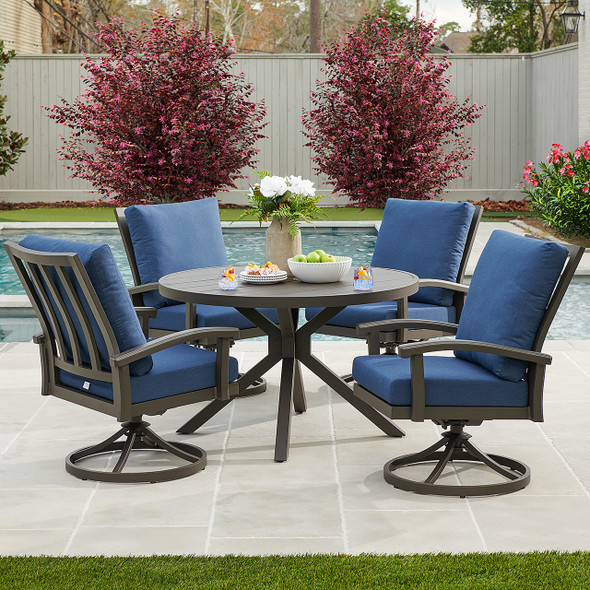 Fairmont Aged Bronze Aluminum with Spectrum Indigo Cushions 5 Piece Swivel Dining Set + 48 in. D Table