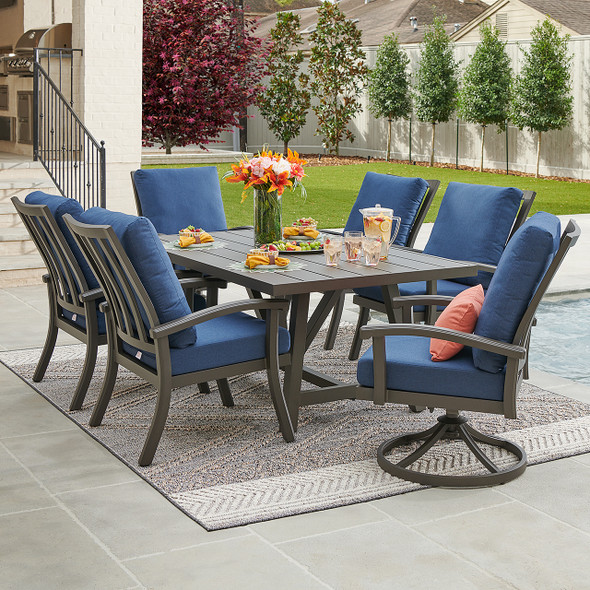 Fairmont Aged Bronze Aluminum with Spectrum Indigo Cushions 7 Piece Combo Dining Set + 70 x 42 in. Table
